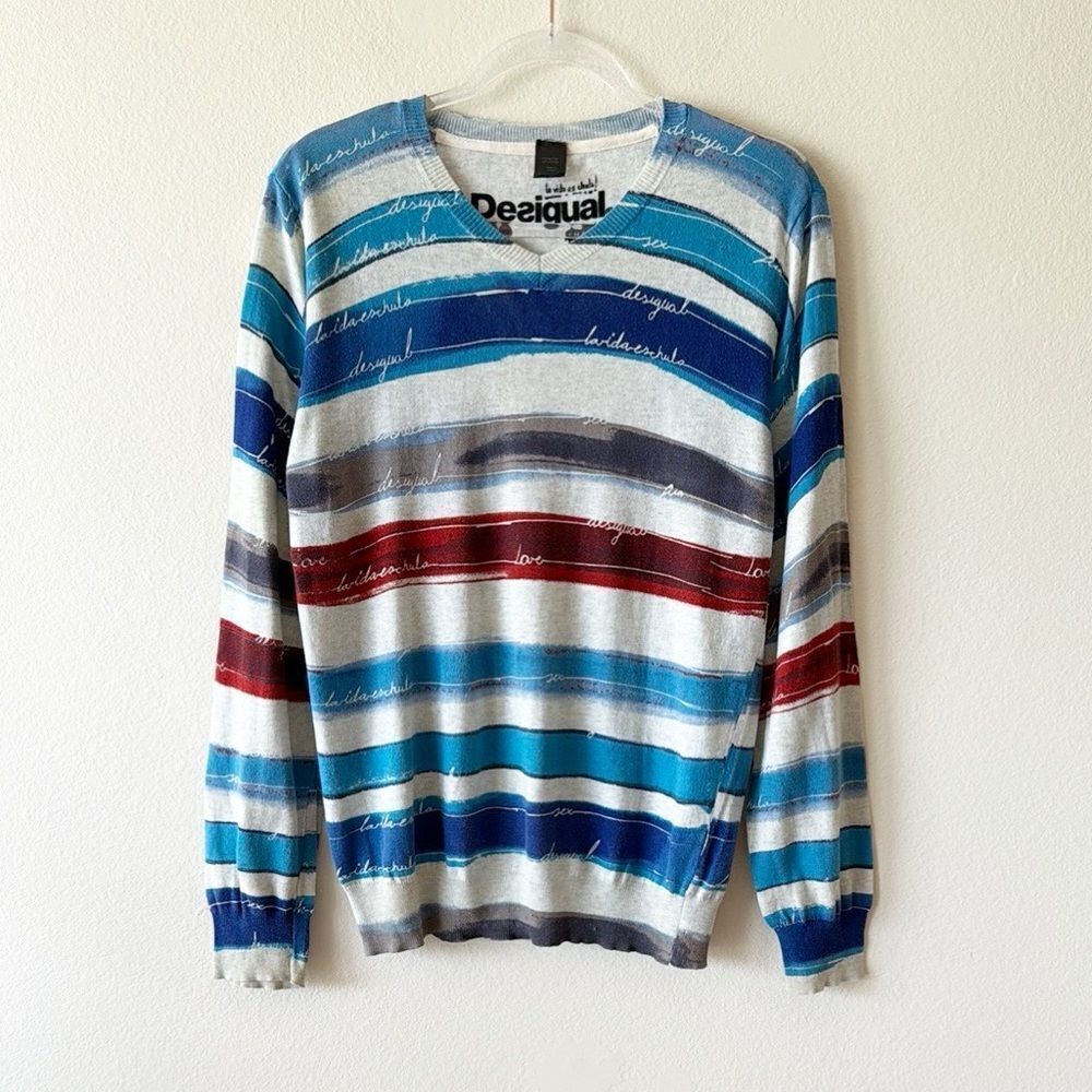 Desigual Illustration Stripe V Neck Thin Knit Pullover